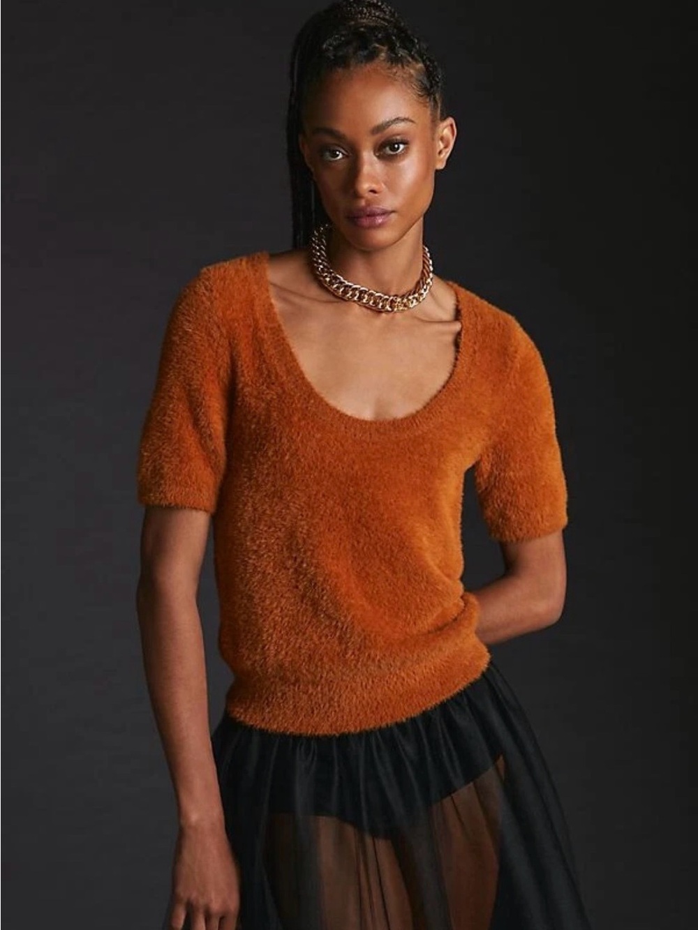 Maeve Plush Scoop-Neck Short-Sleeve Eyelash Sweater — Rust Orange